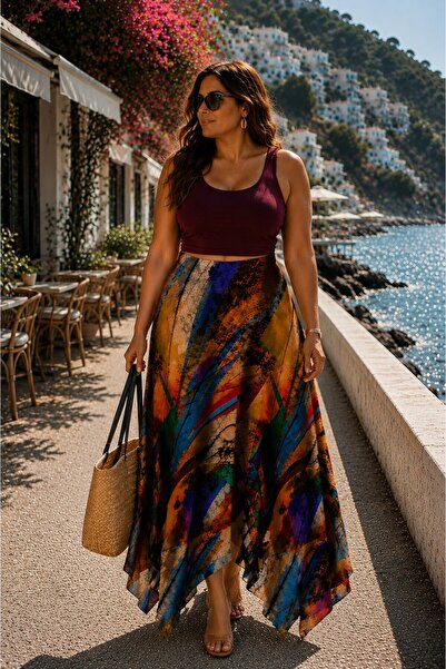 CALERA Plus Size Patterned Non-Exposing Long Skirt 46-60 Size Elastic Waist C...