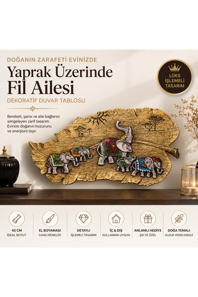 e-life shop Lüks İşlemeli Fil Ailesi Yaprak Duvar Tablosu Dekoratif Ev Ofis K...