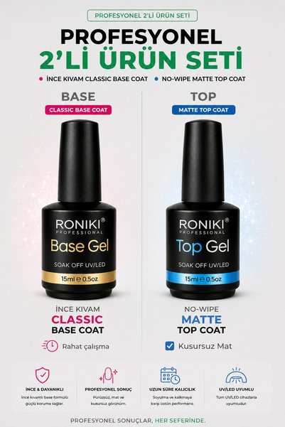 RONIKI Classic Base Coat + No-Wipe Matte Top Coat 15 ml Set – İnce Kıvam & Kusursuz Mat Profesyonel 2’li