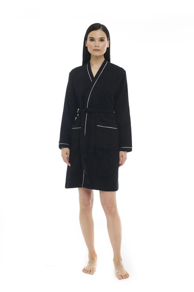 Seritaine Athena Kimono Women's Mini Bathrobe - Black - Ribbed 100% Cotton
