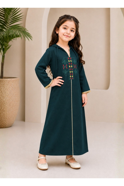 Generic Girls Dark Teal Hooded Embroidered Jalabiya Long Sleeve Modest Maxi D...