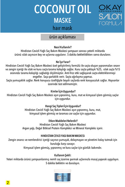 Okay SALON FORMULA İşlem Görmüş ve Aşırı Yıpranmış Saçlar İçin COCONUT Saç Bakım Maskesi 500ml