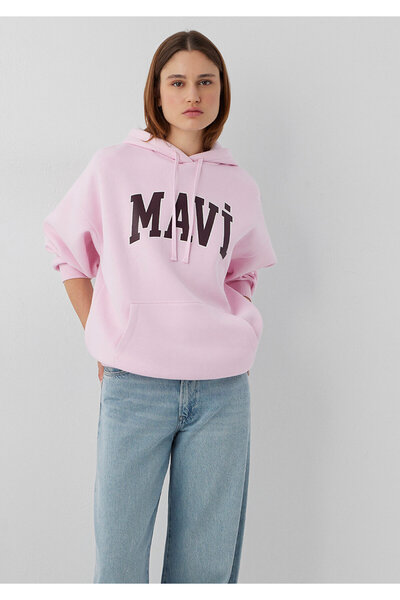 Mavi Logo Baskılı Kapüşonlu Pembe Sweatshirt 1600361-86959