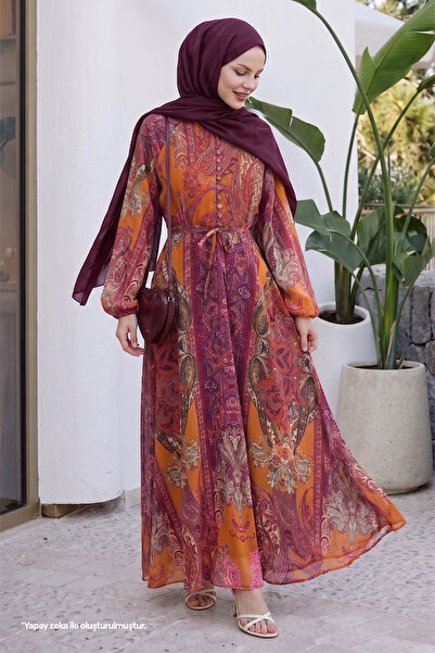 InStyle Ethnic Pattern Buttoned Tan Chiffon Dress