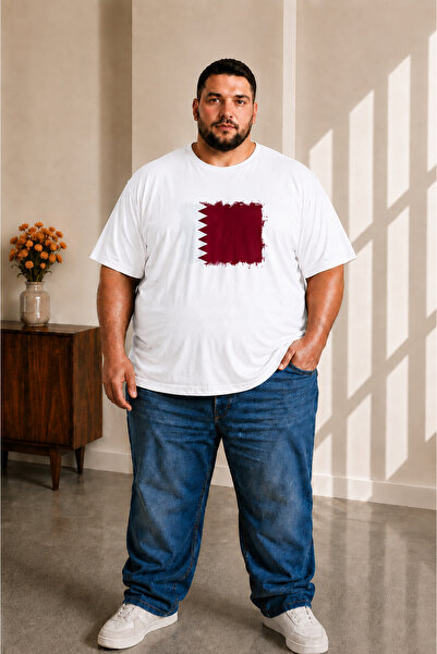 sngl tekstil Men's Large Size Short Sleeve Qatar Flag Printed T-Shirt 3XL 4XL...