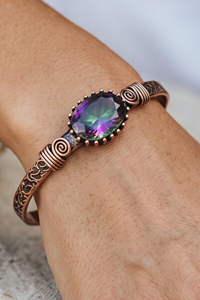 NBS Beautiful Naturel Stones Pure Copper Mystic Topaz Crystal Evil Eye Bracel...