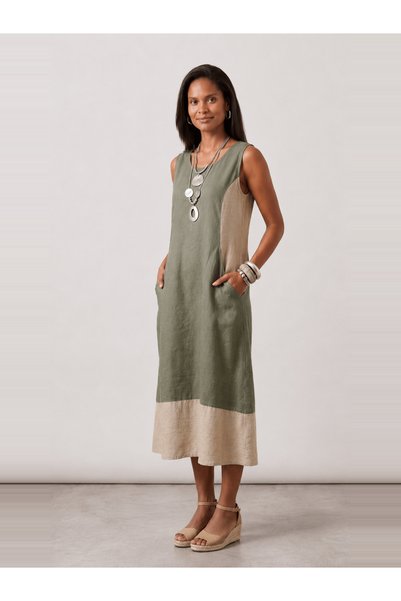 Bold & Young Khaki Beige Combination Modal Fabric Dress with Pockets