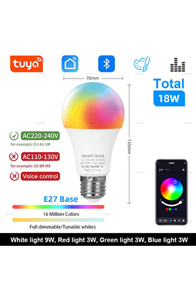 Choice Yes AC 220-240V E27 Base Total 18W Tuya Bluetooth LED Bulb Lamps Dimma...