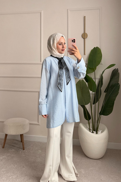ensade Wide Cuff Tunic with Scarf Detail - Comfortable Fit, Summer Textured F...