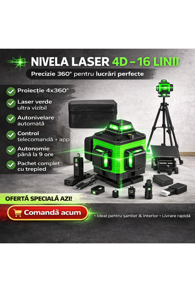 OEM Nivelă Laser 16 Linii 4D, 2 Acumulatori și 10 Accesorii Incluse