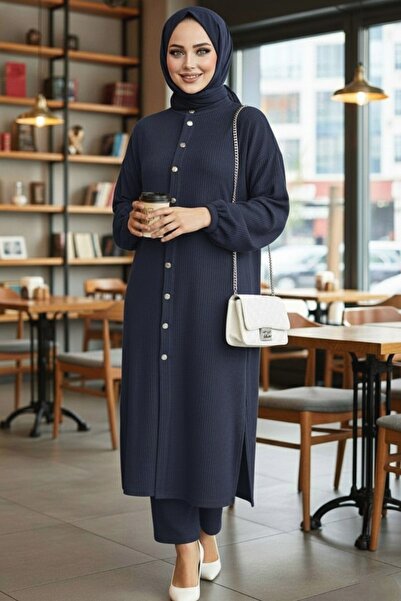 Mercan Mürşi̇de Takim Navy Blue Women's Knitted Fabric Pants Tunic 2-Piece Set