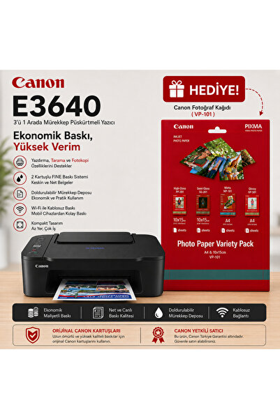 Canon Pixma E3640 + Fotoğraf Kağıdı Hediyeli !