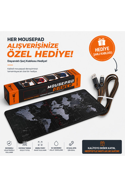 DALONG Dünya Desenli 90x40 cm Büyük Boy Mouse Pad, Xxl Gaming Mousepad