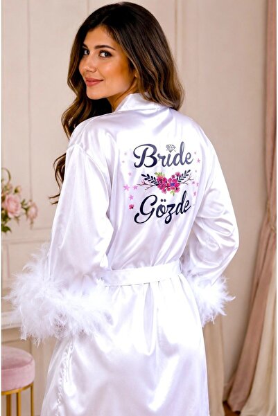 bridebyvictoria ( Isminizi Yazıyoruz)gelin Sabahlığı Kişiye Özel Kollar Tüylü...