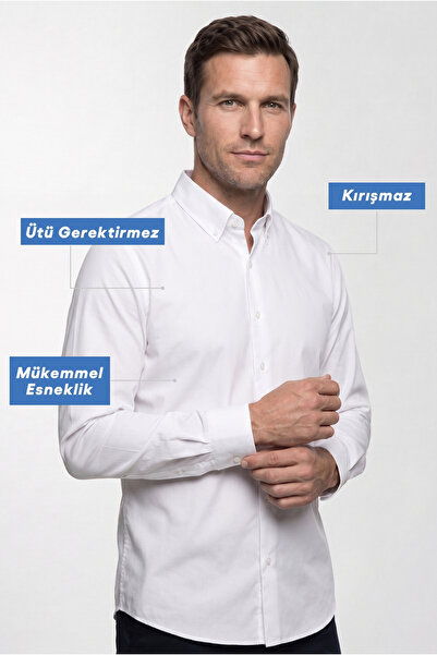 Kiğılı Long Sleeve Slim Fit Button Collar Cotton Non Iron Shirt