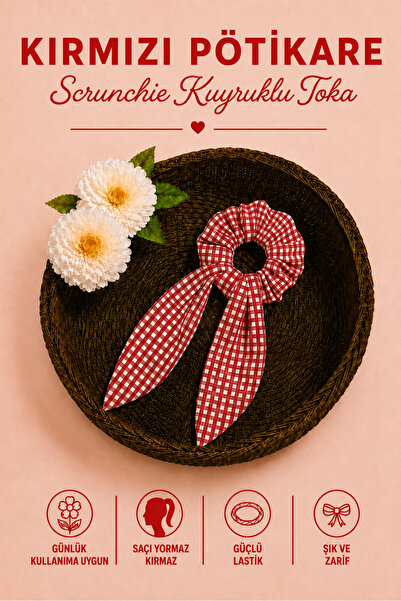 Hophera Red and White Gingham Tail Scrunchie with Strong Elastic Hair Clip