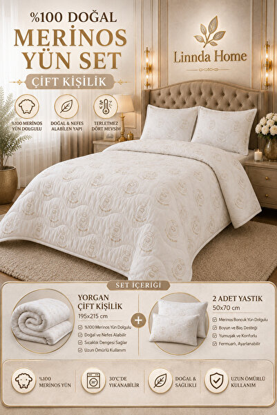 Linnda Home Set pilota dublu din lana merinos + 2 perne din lana cu margele
