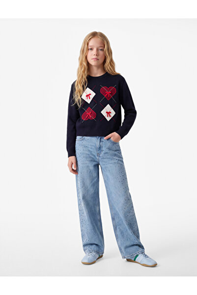 Koton Long Sleeve Crew Neck Bowknot Diamond Pattern Knit Sweater