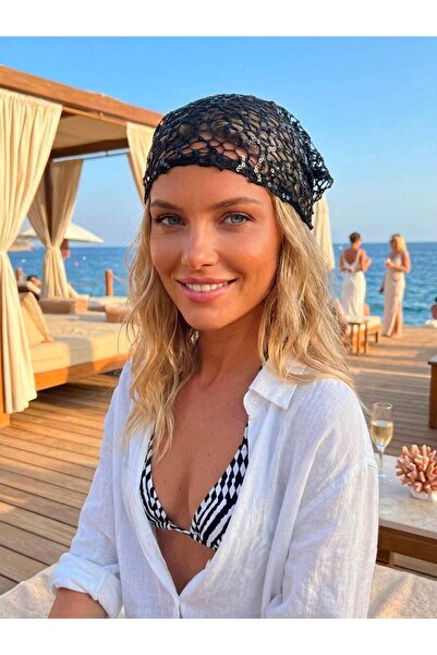 Axesoire File004 Siyah Dantelli İpli Üçgen Bandana Fular