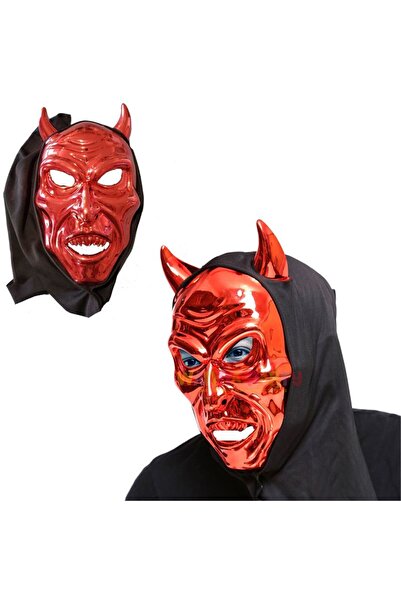 partidolu Yetişkin Kapüşonlu Halloween Plastik Boynuzlu Şeytan Maskesi Kırmız...