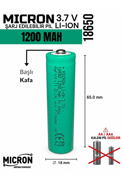 Micron 18650 Şarj Edilebilir Pil 3.7V 1200mAh Li-ion Başlı Pil (1 Adet)