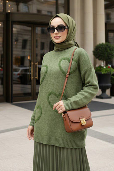 N.S NEVA STYLE Heart Patterned Oil Green Hijab Knitwear Sweater Tunic 8802Yy