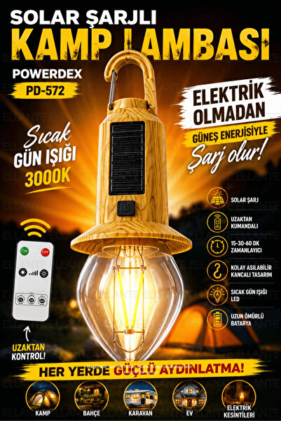 ellante Solar Şarjlı Kamp Lambası | Uzaktan Kumandalı | 15-30-60 DK Zamanlayı...