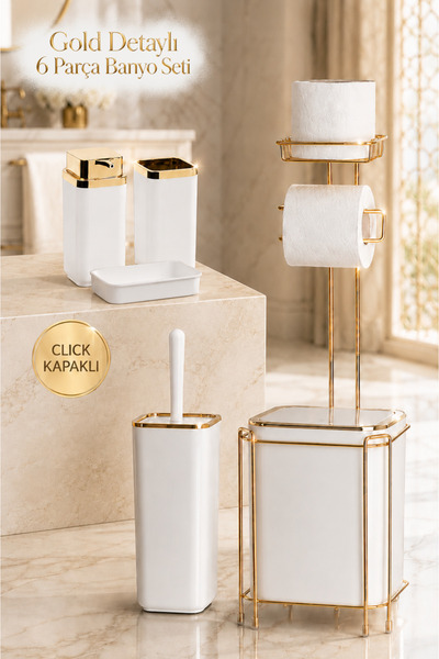 Store HGY Home Gold Detaylı Kare Yedekli WC Kağıtlık ve 6 Parça Banyo Seti - ...