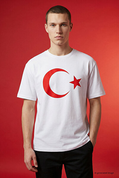 TOMMY LIFE تي شيرت أبيض مطبوع عليه نجمة القمر للجنسين - 88509