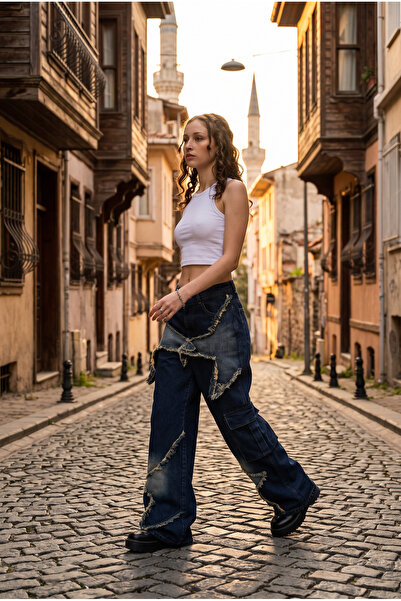 harmony factory Yıldız Yamalı Püsküllü Cargo Baggy Wide Leg Kot Pantolon