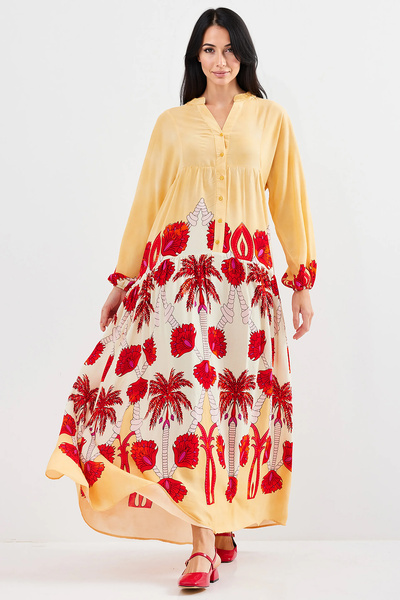 Merterium Women's Patterned Hijab Dress Yellow 1010