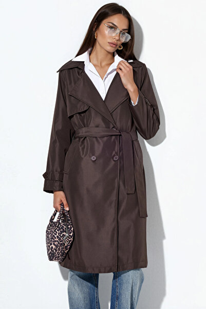 Merterium Women's Long Double-Breasted Collared Trench Coat 1198 - C. Brown