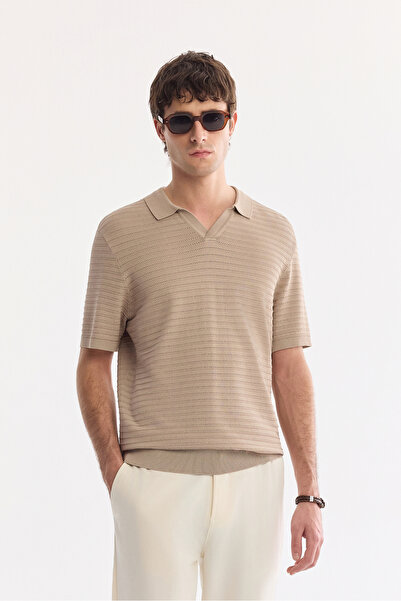 Avva Men's Mink Polo Collar Buttonless Textured Knitwear Regular Fit T-Shirt ...
