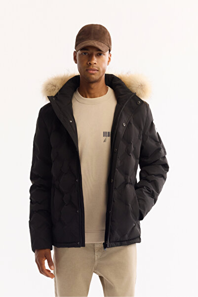 Avva Men's Black Removable Hooded Fur Jacket 100% Goose down Water Repellent ...