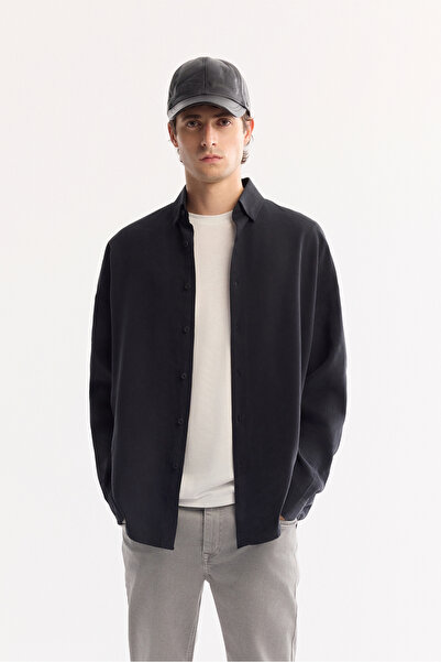Avva Erkek Siyah Düğmeli Yaka Soft Touch Oversize Oversize Fit Gömlek A52Y2023
