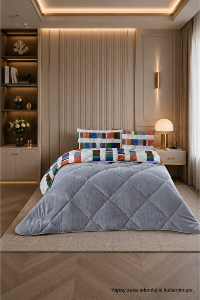 ÇARŞAF DÜNYASI Colorful Patterned King Size Quilt with Plush Double-Sided Pil...