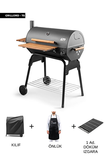 Cheffi Grillord‑75 Kömürlü Barbekü (1 Adet Döküm Izgaralı) + Hediye Seti (Önl...