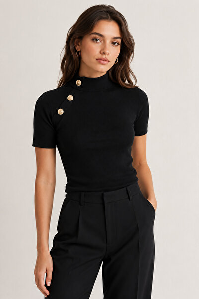 Sienza Women's Black Half Turtleneck Button Accessory Blouse