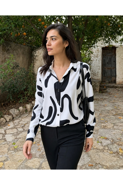 armonika Women's White-Black Patterned Long Sleeve Shirt Arm-24K001017