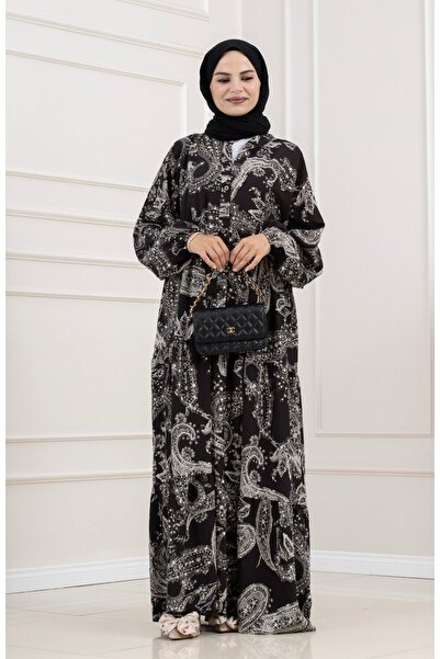 Sevitli Müjde Half Button Robe Dress-Black