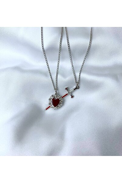 Herşey Nota Birleşebilen Kılıç ve Kalp İkili Gotik Gümüş Kaplama Kırmızı Mine...