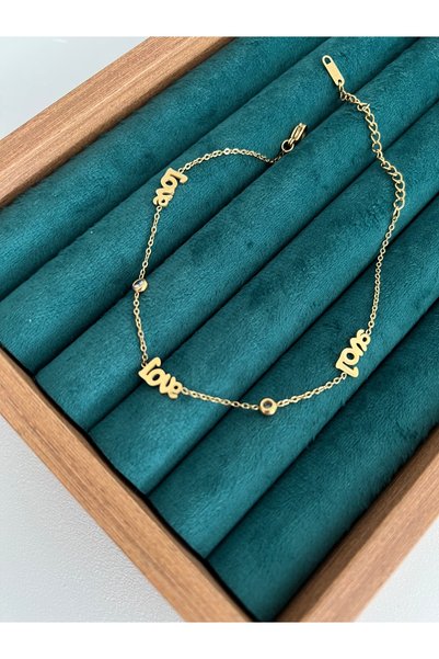 BusradanDesign Love Script and Zircon Stone Detail Steel Anklet