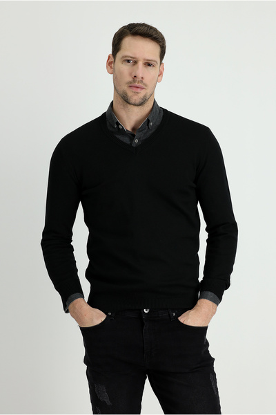 Kiğılı V Yaka Slim Fit Dar Kesim Pamuklu Triko Kazak