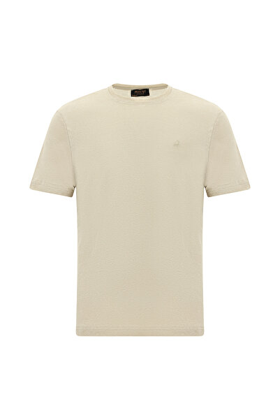 Abdullah Kiğılı Bisiklet Yaka Regular Fit Nakışlı Keten T-shirt