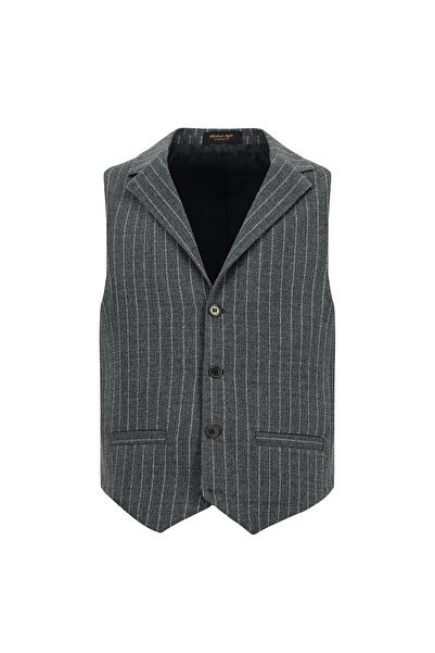 Abdullah Kiğılı Slim Fit Dar Kesim Yünlü Çizgili Kruvaze Klasik Yelek