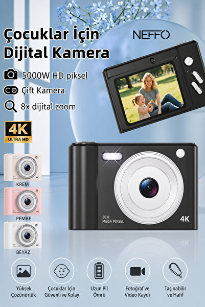 NEFFO Dijital Kamera | 50 MP 8x Zoom Hafif Kompakt Fotoğraf Makinesi (SD KART HEDİYELİ)