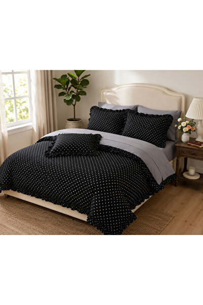 DüşEvi Black Ruffle Detailed Polka Dot Duvet Cover Set Soft Textured Cotton D...