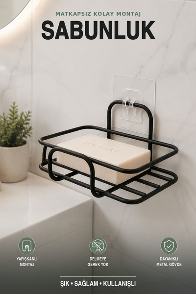 risingmaber Siyah Metal Yapışkanlı Sabunluk, Banyo Sabun Tutucu Mutfak Sünger...