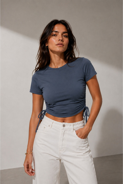 DI LORIA Kadın Antrasit Yan Ayarlanabilir Büzgülü T-Shirt (%95 Pamuk)