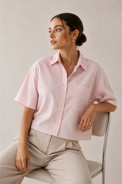 DI LORIA Women's Pink Short Sleeve Basic Cool Linen Shirt (100% Linen)